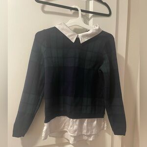 Tahari Navy and Green Plaid Sweater with White Collar